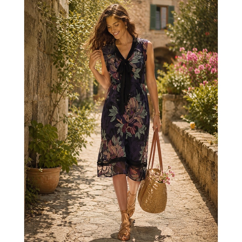 Maeve BRELIN‎ Black Floral BOWTIE MIDI Dress WOMEN SMALL PETITE CUTOUT